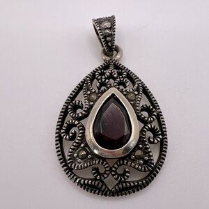 Vintage Amethyst Marcasite Teardrop Necklace Pendant